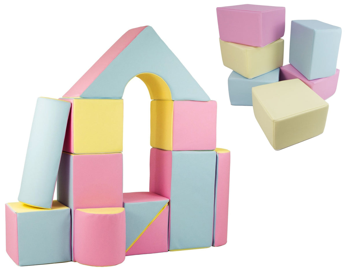Foam Soft Play Castle & Cubes Set 17 Large Blocks - Pink, Blue & Yellow (Pastel)