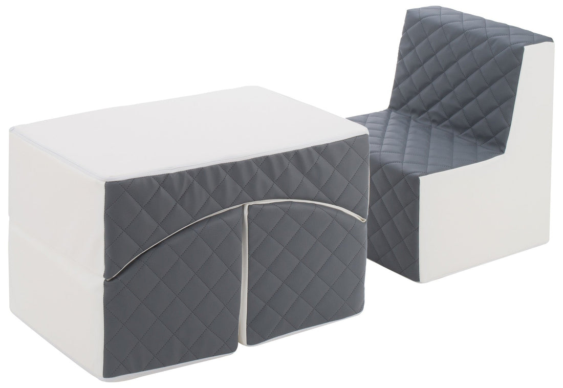 Quilted eco leather kids chair and fold-out lounger in white and grey