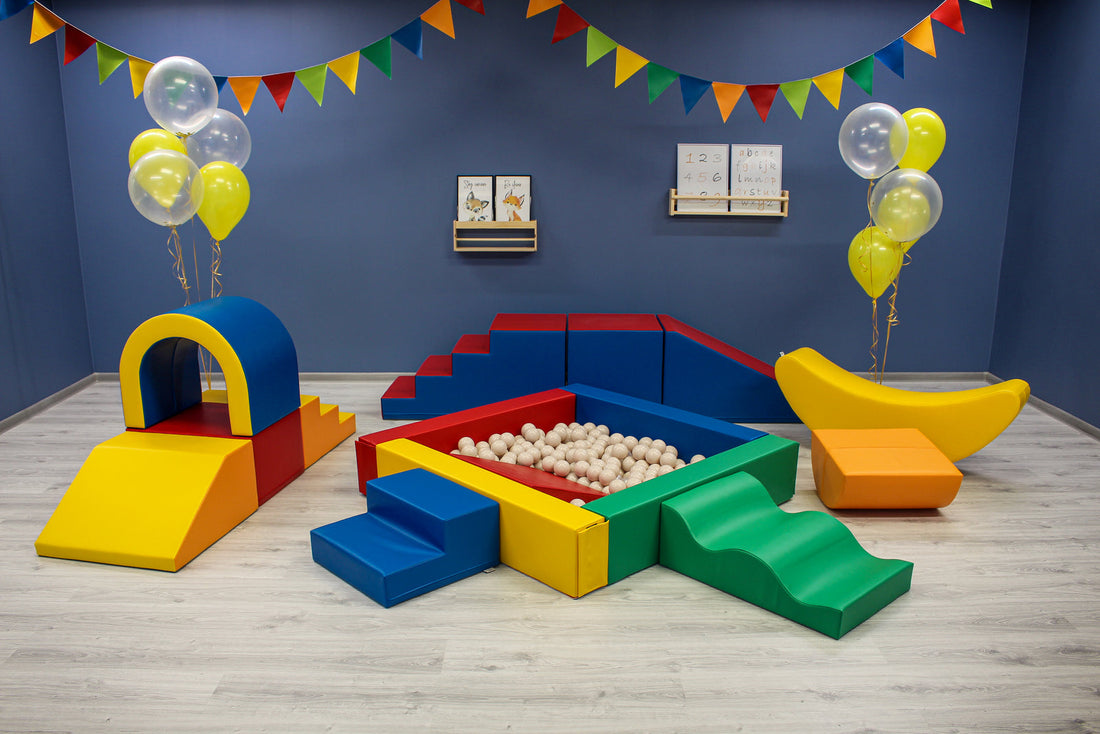 Multicoloured foam soft play party set with slide and ball pit for hire in Greater Manchester