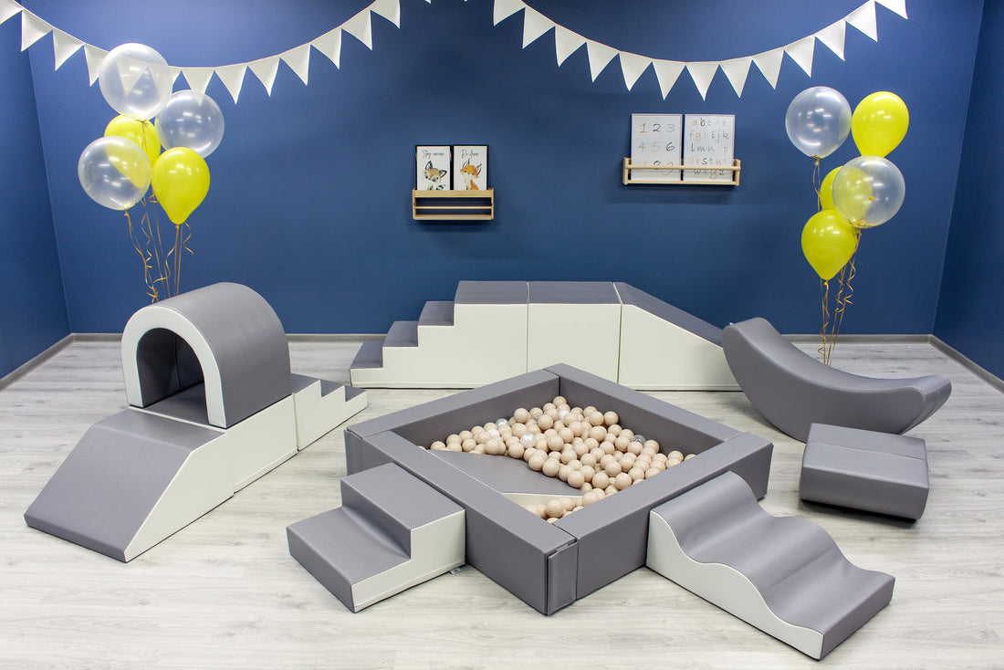 Grey and white foam soft play party set with ball pit for hire in Liverpool and Merseyside