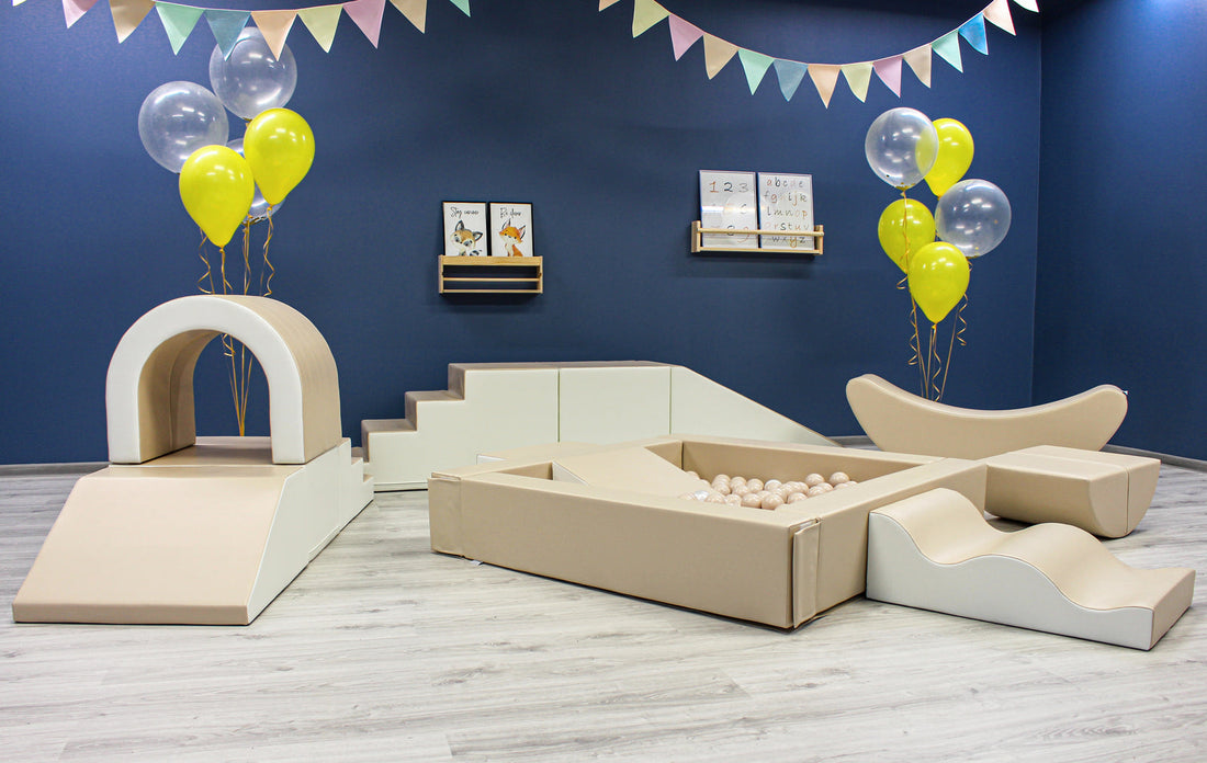 Beige and white foam soft play party set with ball pit for hire in Lancashire