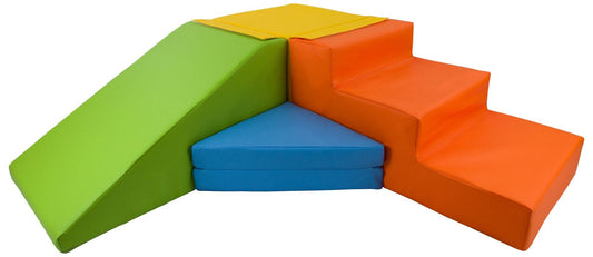 Children playing with colourful soft play step and slide set indoors on a rainy day