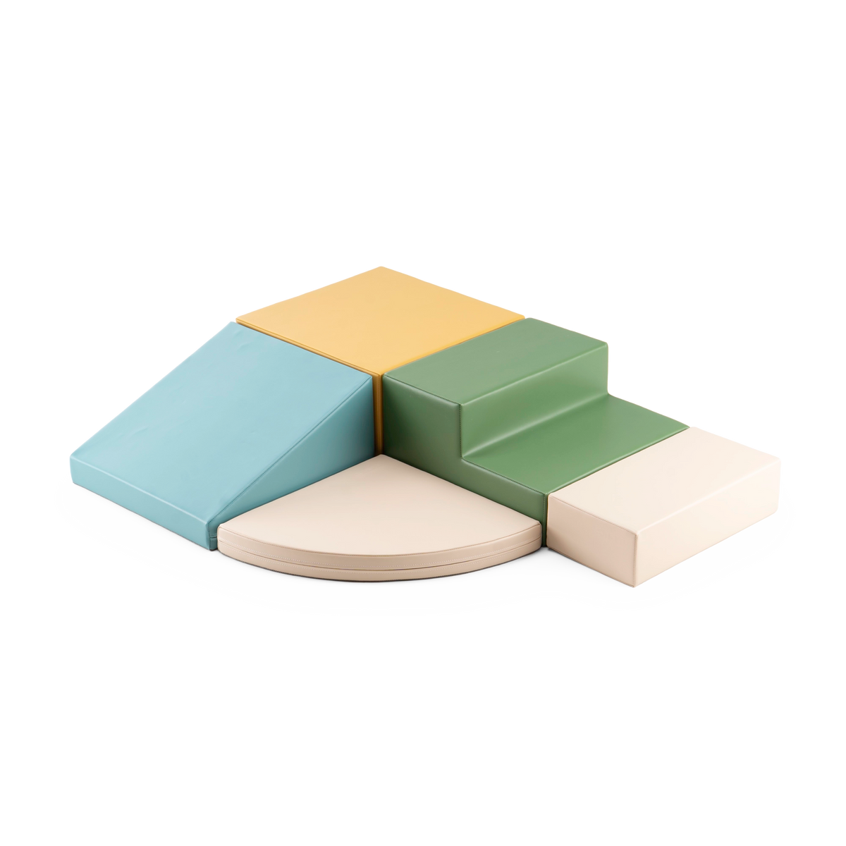 Corner Climber soft play set in pastel turquoise, beige, honey and reseda green