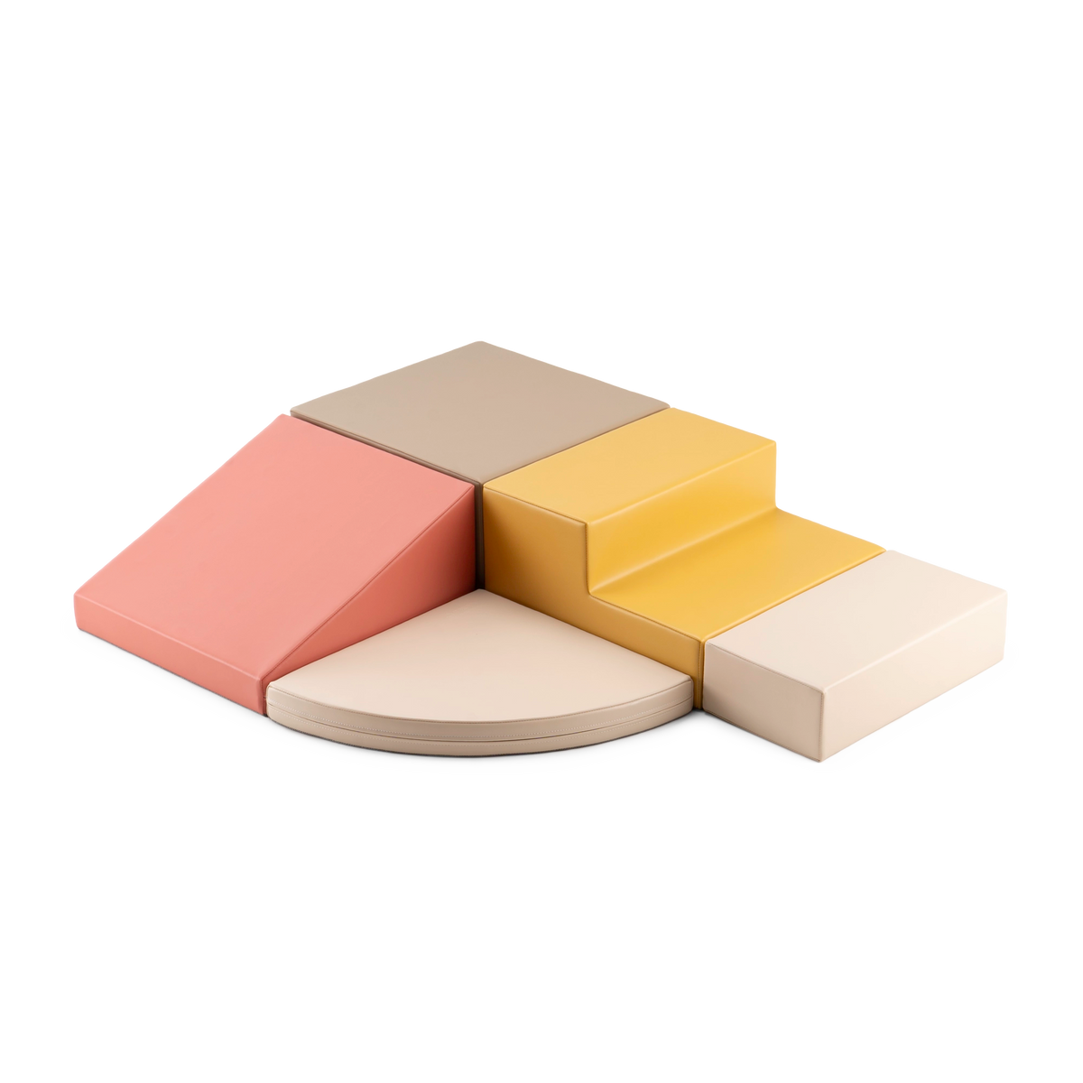 Corner Climber soft play set in salmon pink, beige, honey and grey beige