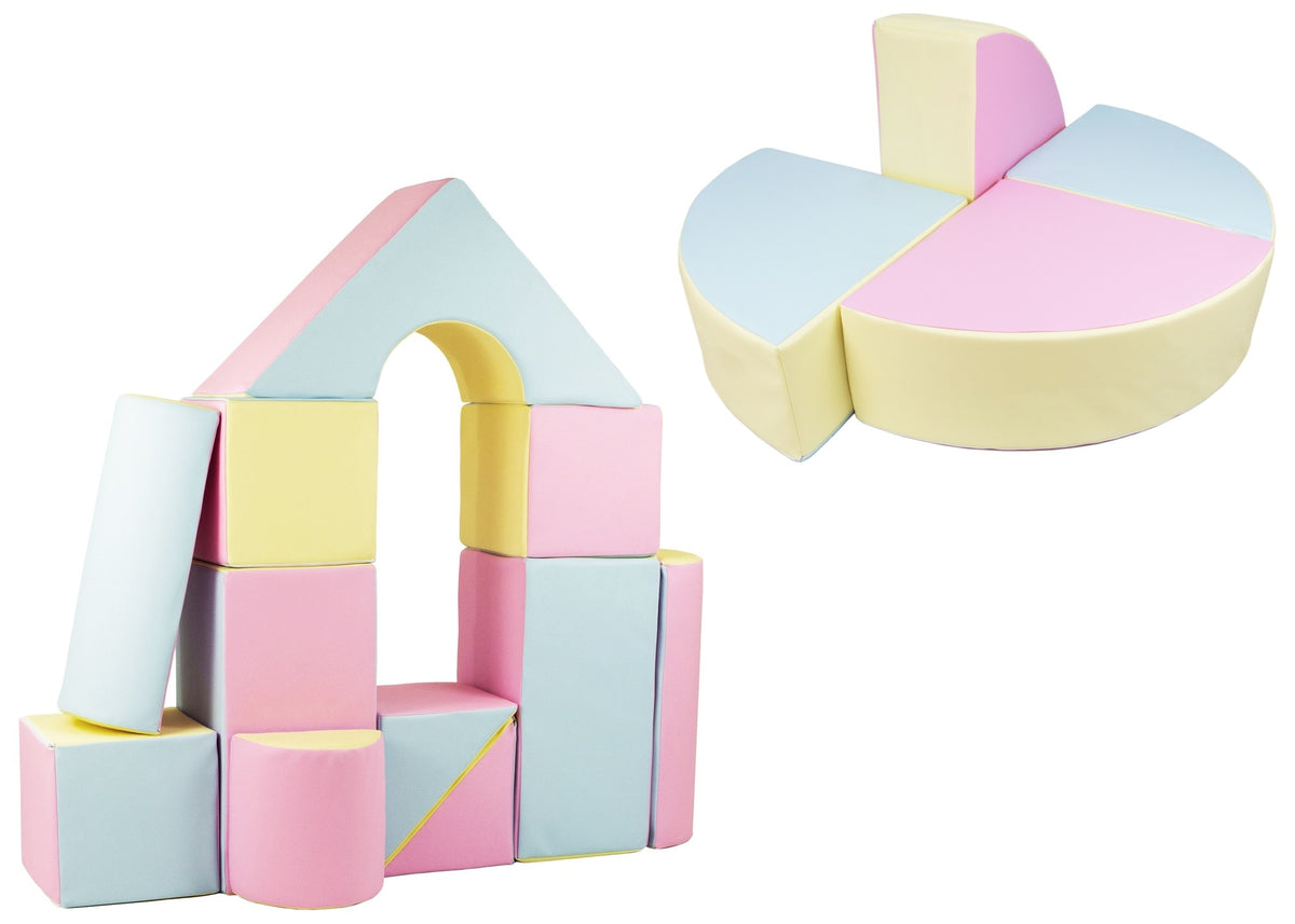 Foam Soft Play Castle & Wheel Set 15 Large Blocks - Pink, Blue & Yellow (Pastel)