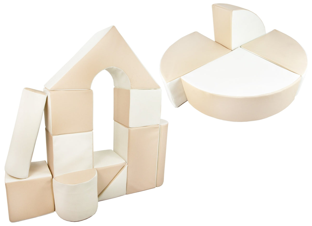 Foam Soft Play Castle & Wheel Set 15 Large Blocks - White & Cappuccino