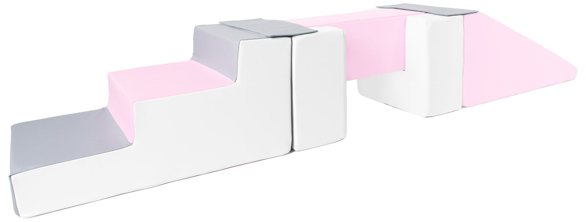 Foam Soft Play Footbridge with Slide Set 5 Large Blocks - White, Light Pink & Grey