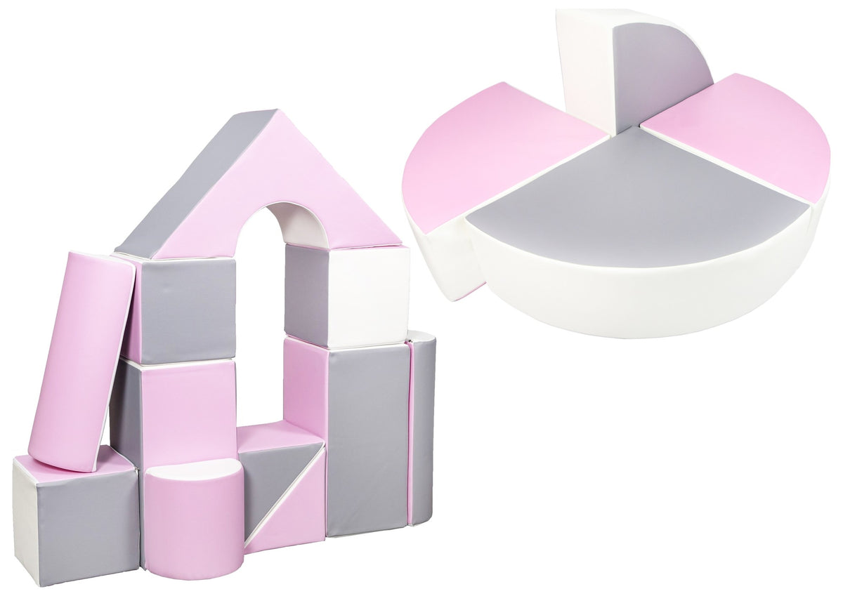 Foam Soft Play Castle & Wheel Set 15 Large Blocks - White, Light Pink & Grey