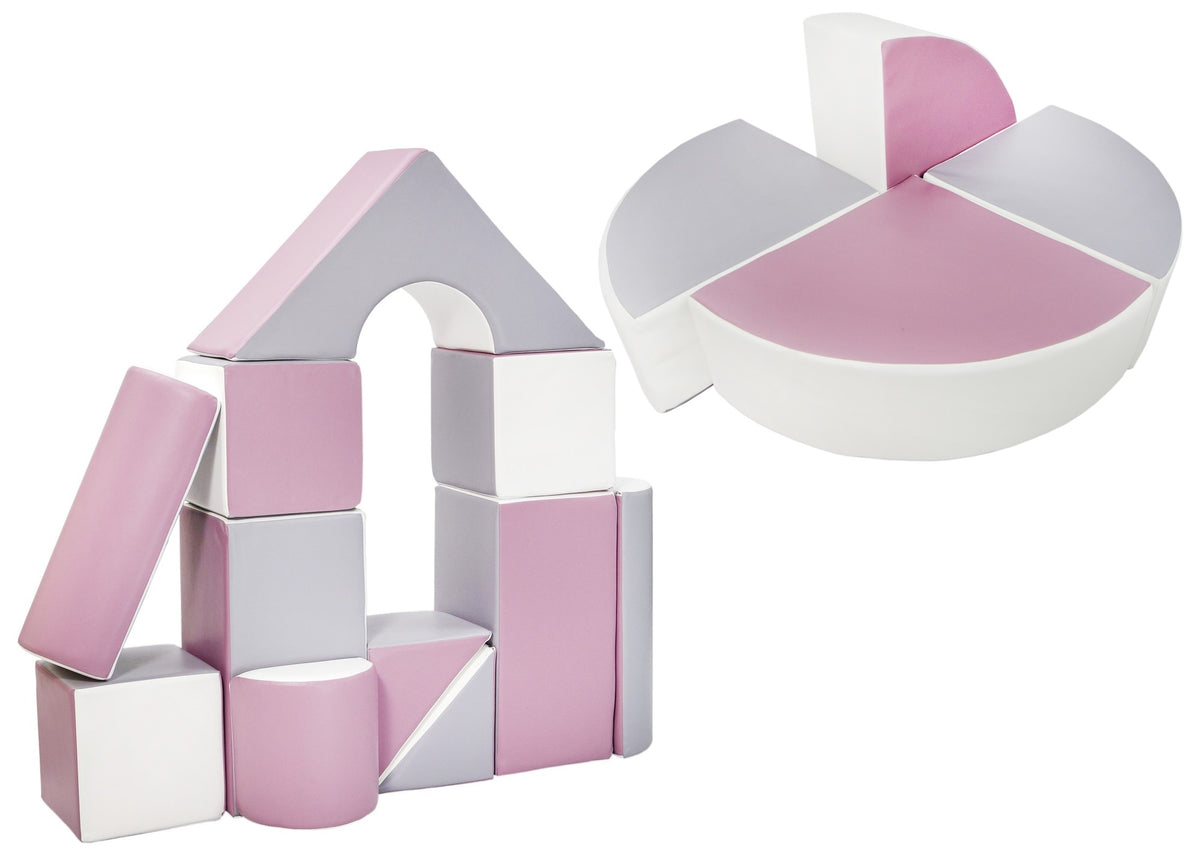 Foam Soft Play Castle & Wheel Set 15 Large Blocks - White, Grey & Purple
