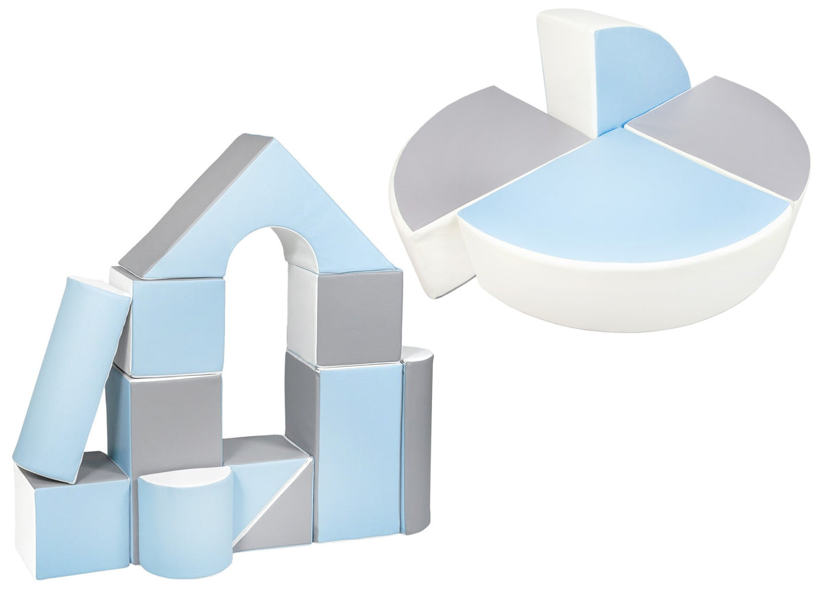Foam Soft Play Castle & Wheel Set 15 Large Blocks - White, Baby Blue & Grey