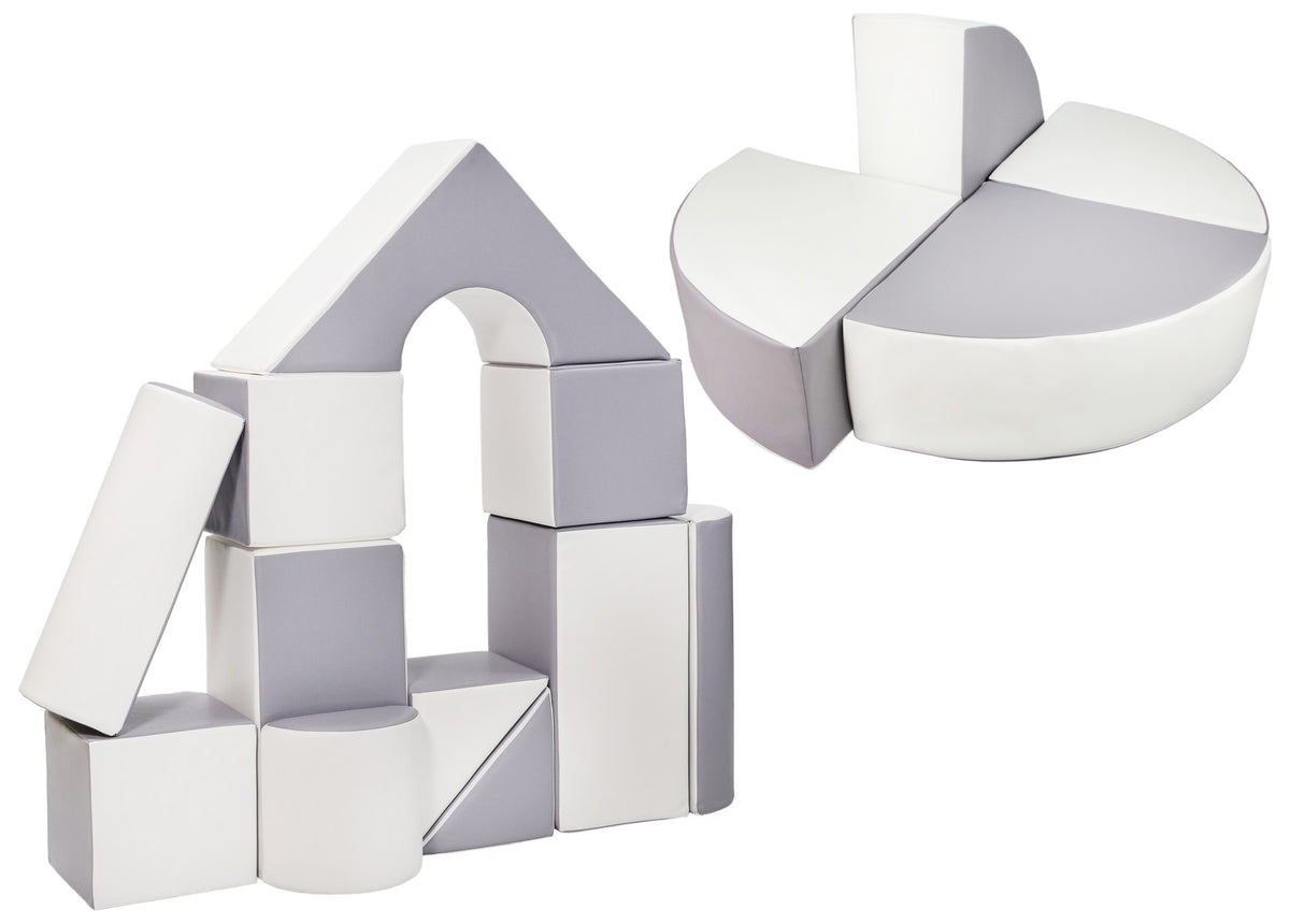 Foam Soft Play Castle & Wheel Set 15 Large Blocks - White & Grey