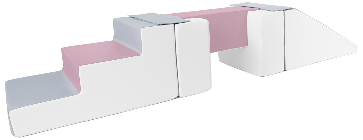 Foam Soft Play Footbridge with Slide Set 5 Large Blocks - White, Grey & Purple