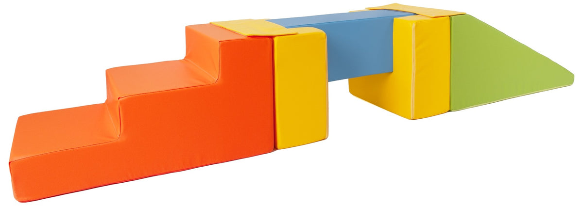 Foam Soft Play Footbridge with Slide Set 5 Large Blocks - Yellow, Green, Blue & Orange