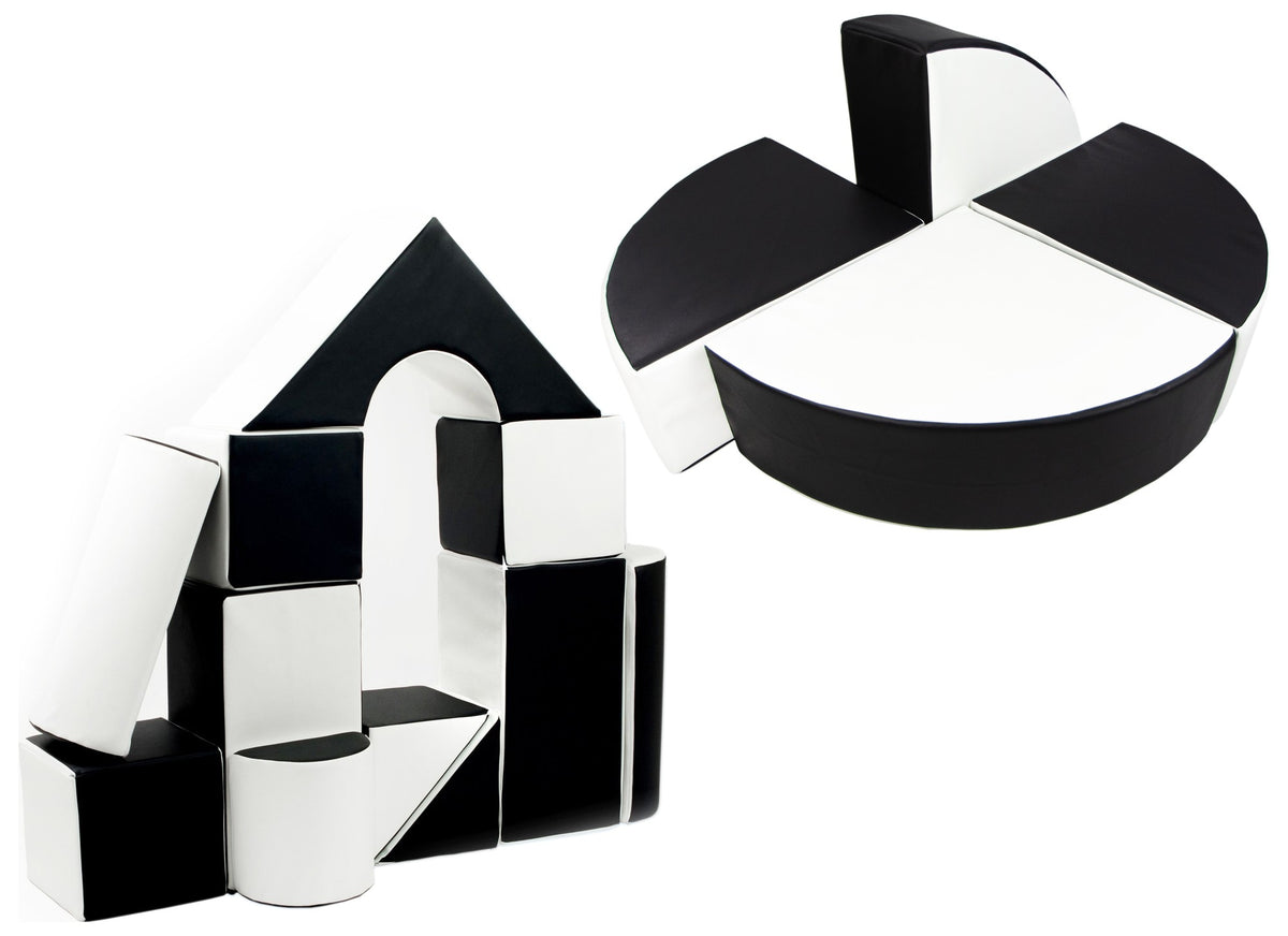 Foam Soft Play Castle & Wheel Set 15 Large Blocks - Black & White