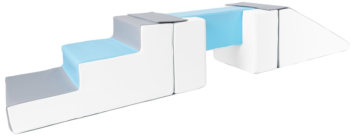 Foam Soft Play Footbridge with Slide Set 5 Large Blocks - White, Baby Blue & Grey