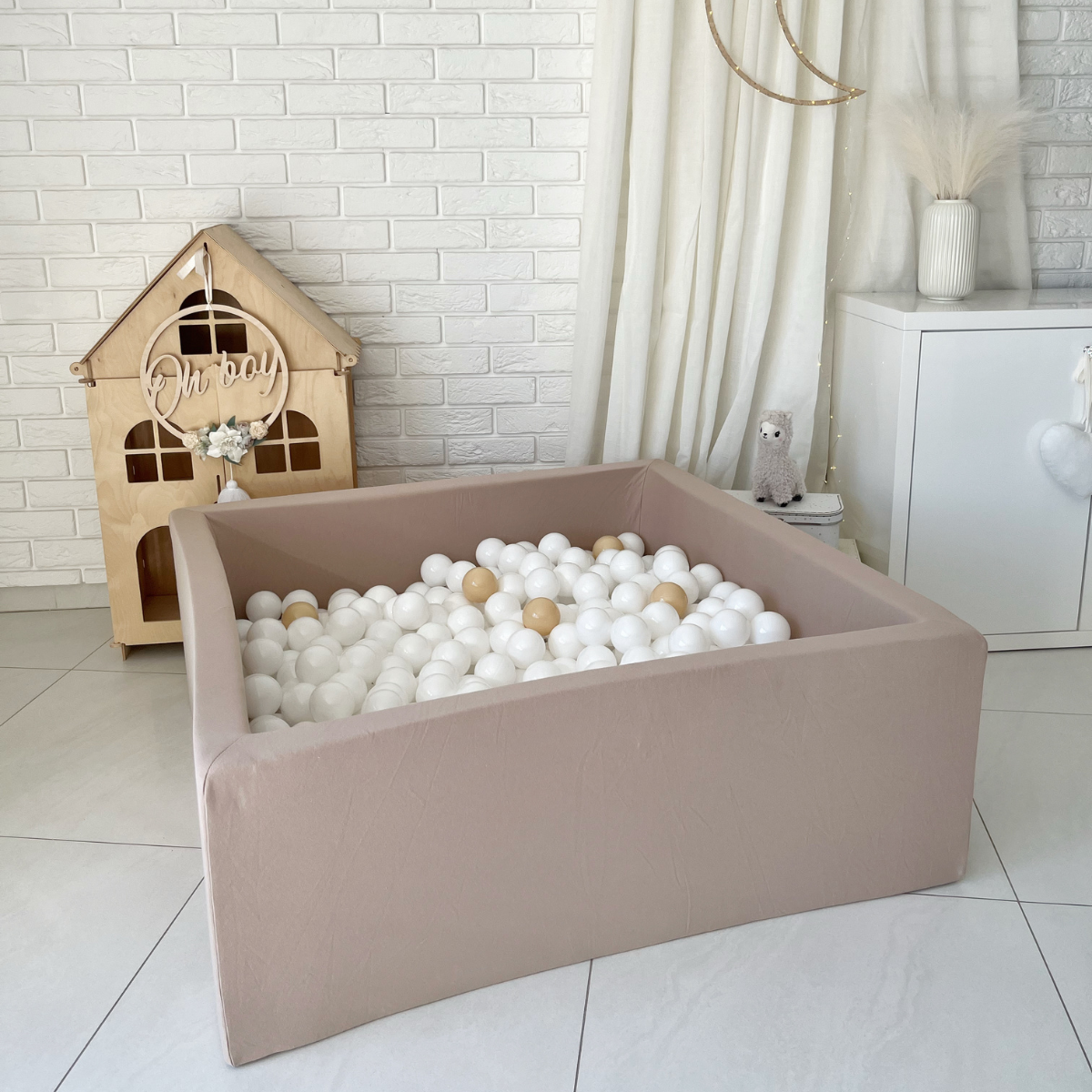 Cotton Square Ball Pit 106 x 106 x 40cm with Balls in Beige