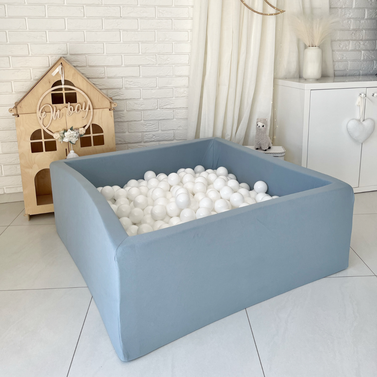 Cotton Square Ball Pit 106 x 106 x 40cm with Balls in Dusty Mint