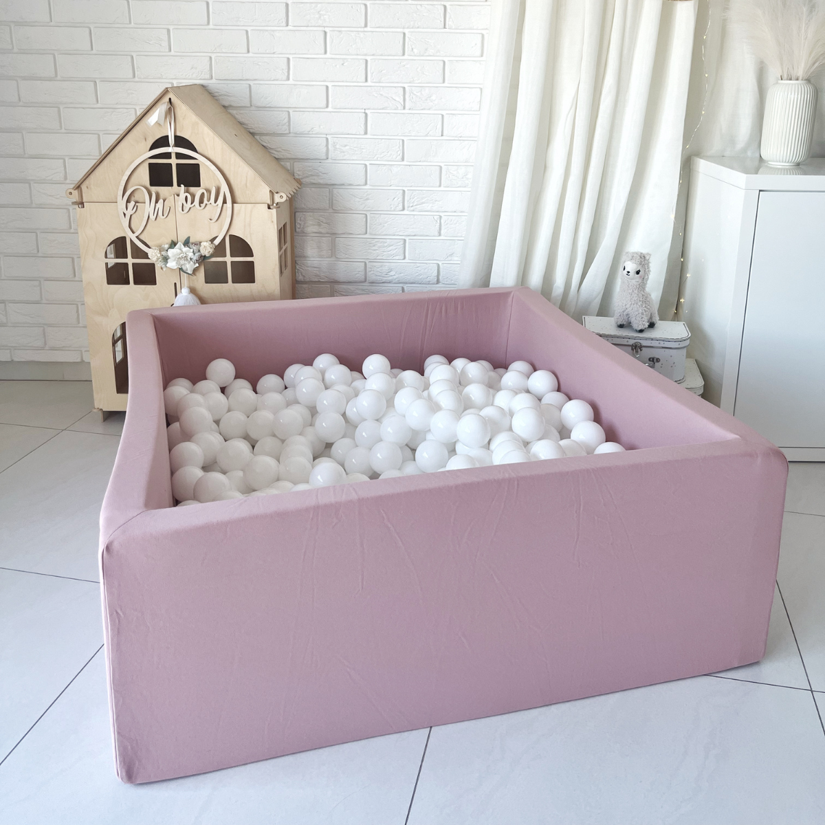 Cotton Square Ball Pit 106 x 106 x 40cm with Balls in Pink