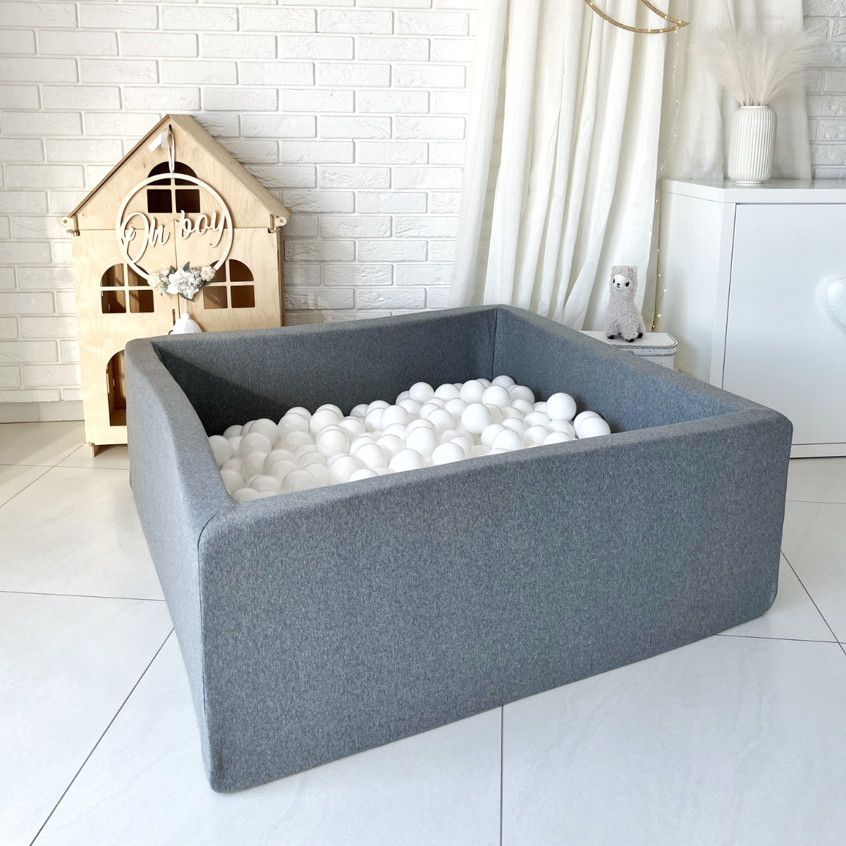 Cotton Square Ball Pit 106 x 106 x 40cm with Balls in Grey