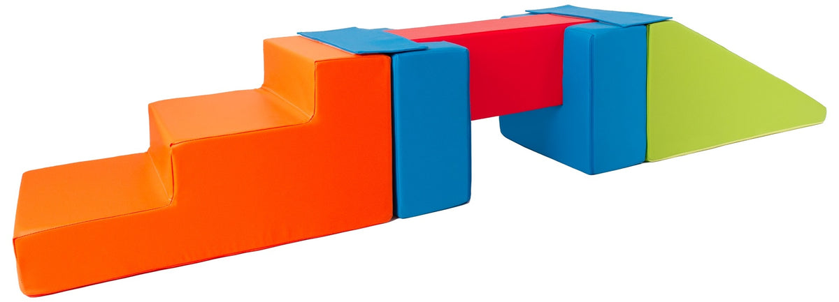Foam Soft Play Footbridge with Slide Set 5 Large Blocks - Green, Red, Navy & Orange