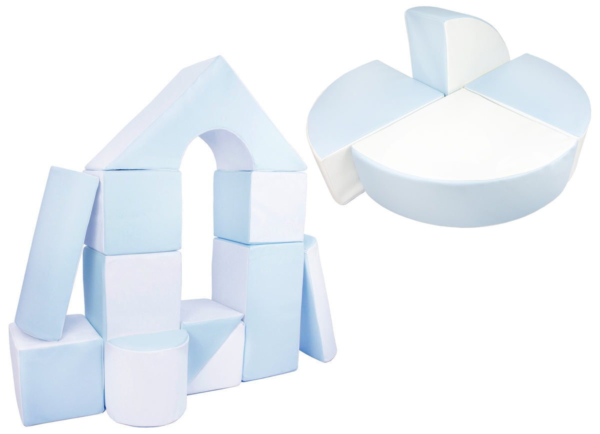 Foam Soft Play Castle & Wheel Set 15 Large Blocks - White & Blue (Pastel)