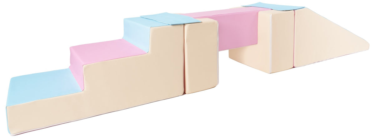 Foam Soft Play Footbridge with Slide Set 5 Large Blocks - Pink, Blue & Yellow (Pastel)