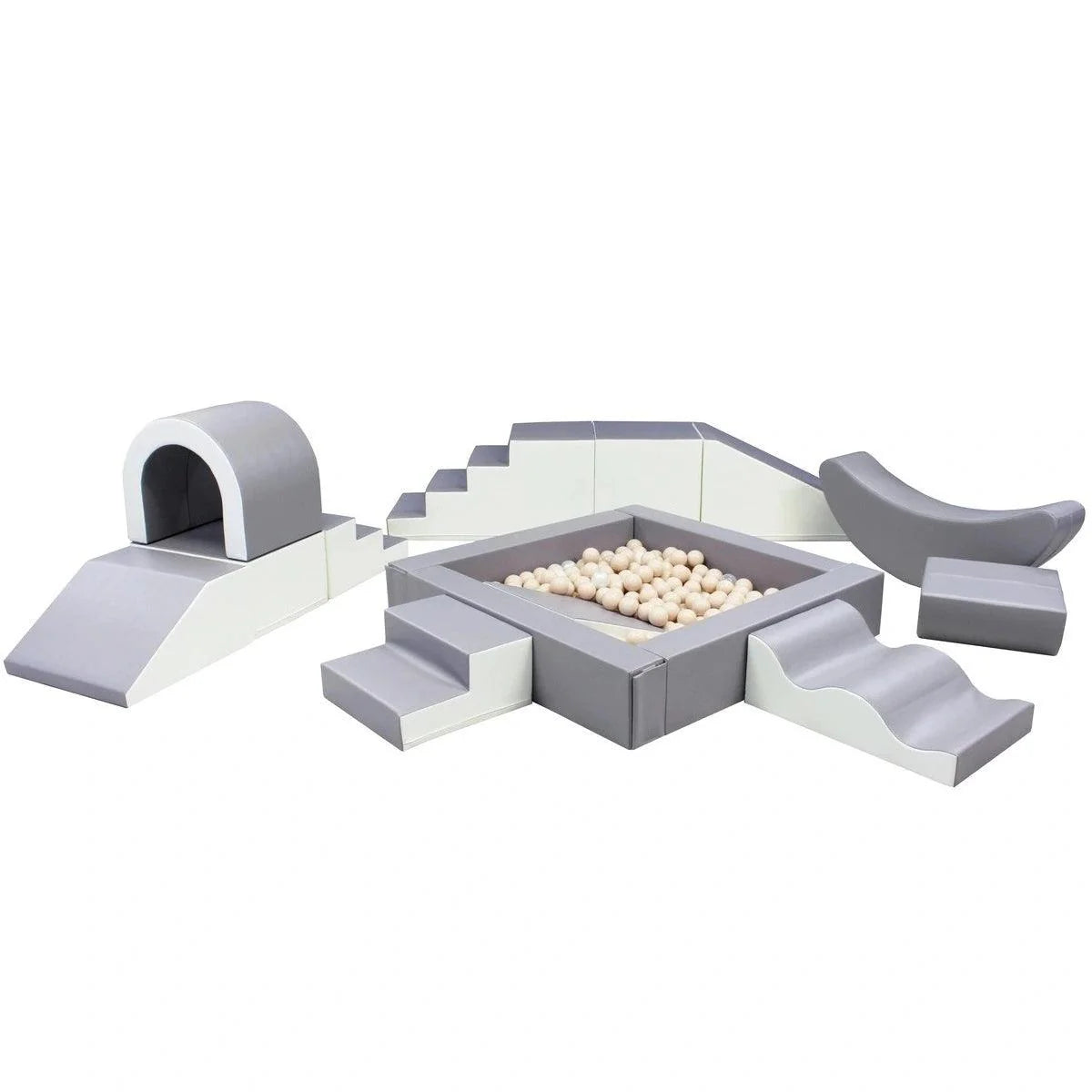 36-piece soft play party set in grey and white with a ball pit, blocks, slide and tunnel laid out in a hall