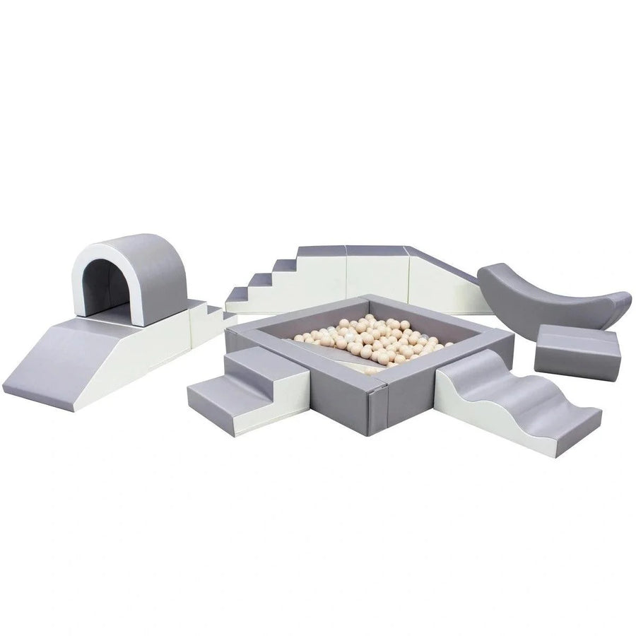 36-piece foam soft play party set in grey and white with ball pit, blocks, step and slide
