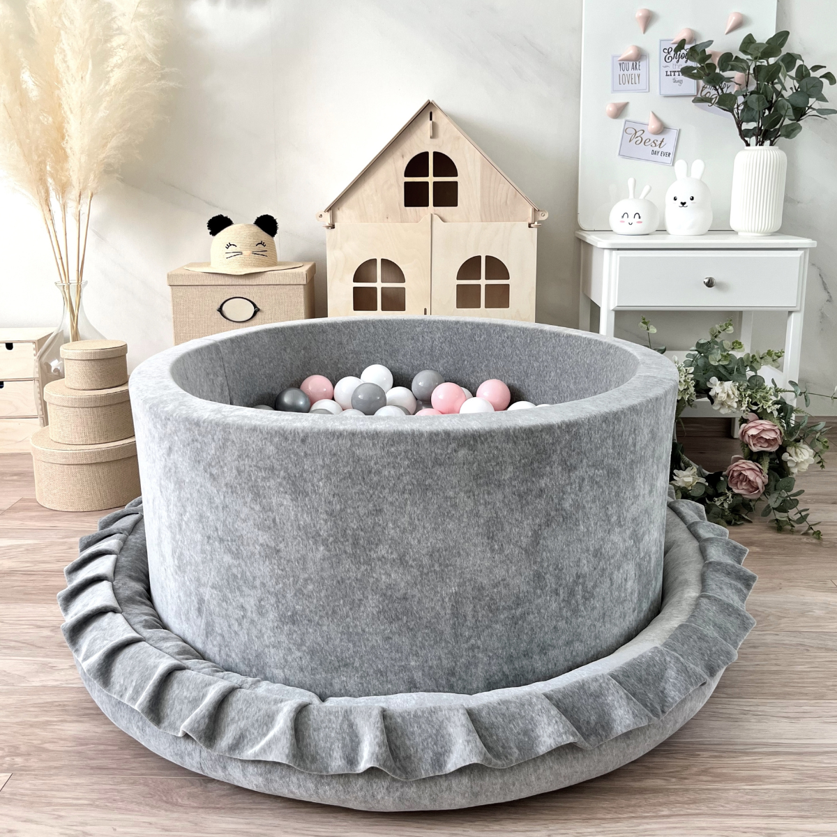 Velvet Baby Ball Pit with Balls in Grey