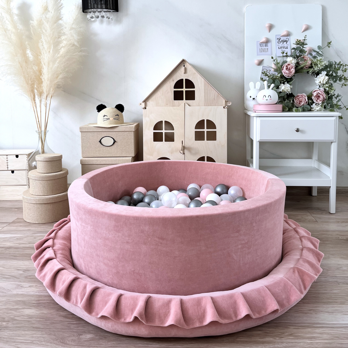 Velvet Baby Ball Pit with Balls in Pink