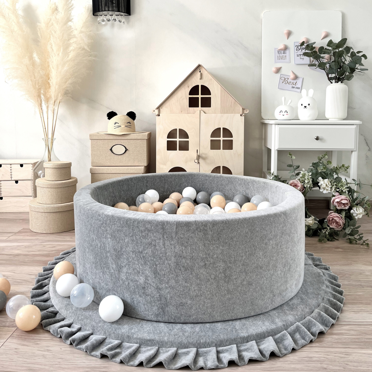 Velvet Baby Ball Pit with Balls in Grey