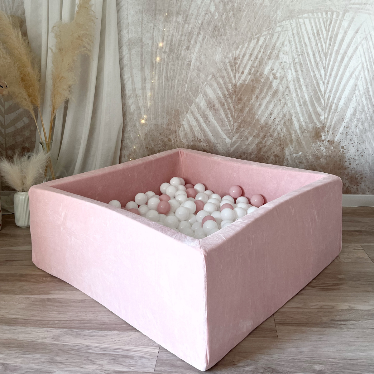 Velvet Square Ball Pit 106 x 106 x 40cm with Balls in Pink