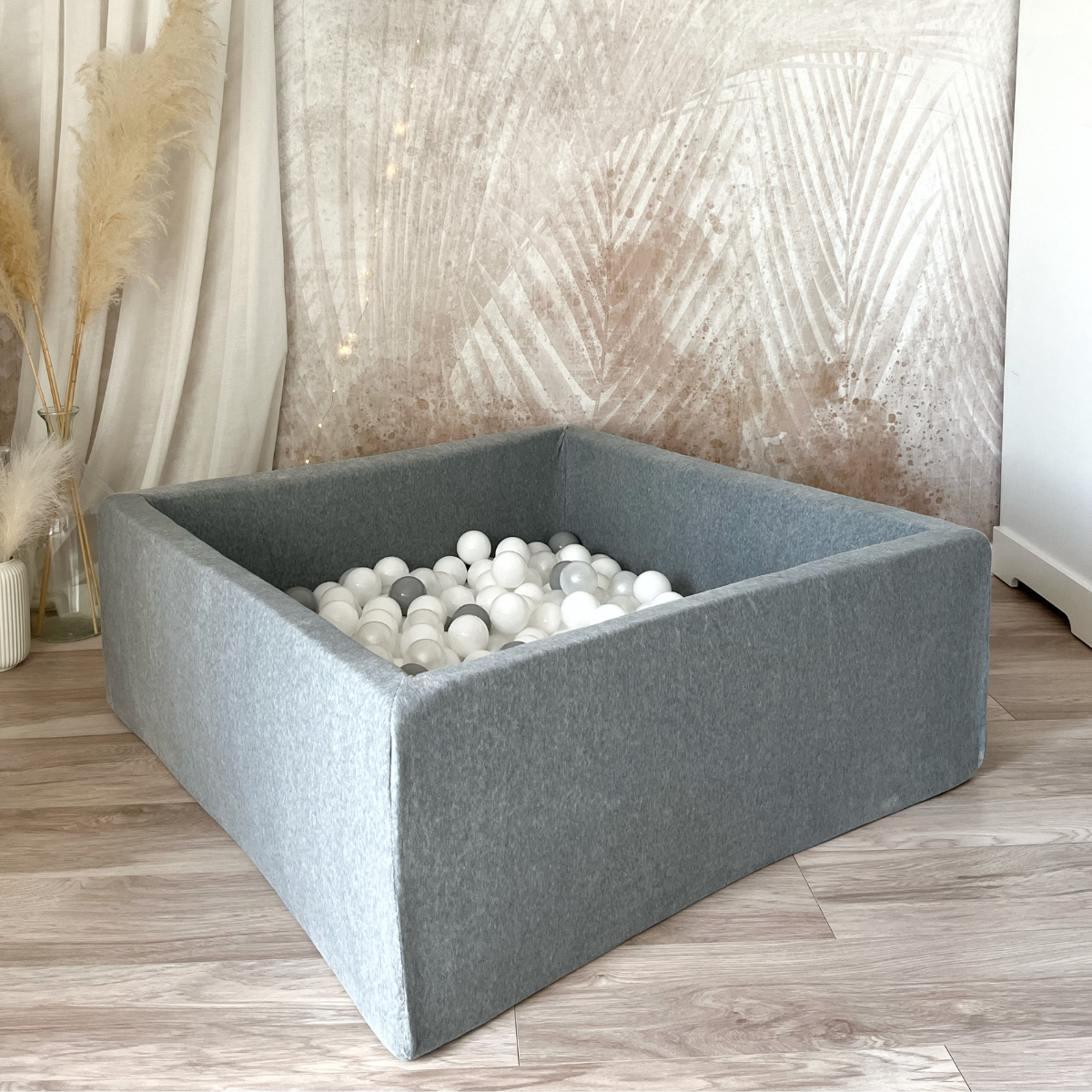 Velvet Square Ball Pit 106 x 106 x 40cm with Balls in Grey